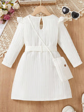2pcs/Set Young Girl Casual Chic Belt Buttoned Ruffle Long Sleeve Dress & Crossbody Bag Set, Suitable For Spring & Autumn